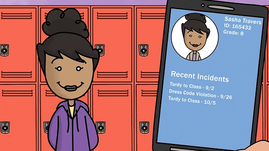 A student stands in front of red lockers while a tablet displays her profile, name, grade, and a list of recent school incidents.