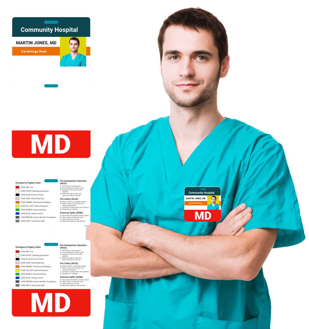 A male doctor in teal scrubs stands with arms crossed, wearing a hospital ID badge labeled "Community Hospital, MARTIN JONES, MD, Cardiology Dept." with a red "MD" indicator.