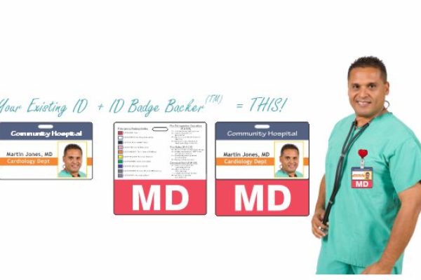 A male doctor in scrubs wears an ID badge labeled "MD." The image shows an ID card, a badge insert, and highlights the "MD" label for identification.