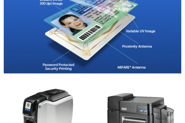 Illustration shows the security features of an ID card and two ID card printers below, one silver and black, the other black, both with card input and output trays.