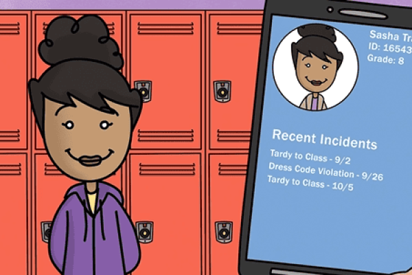A student stands in front of red lockers while a tablet displays her profile, name, grade, and a list of recent school incidents.