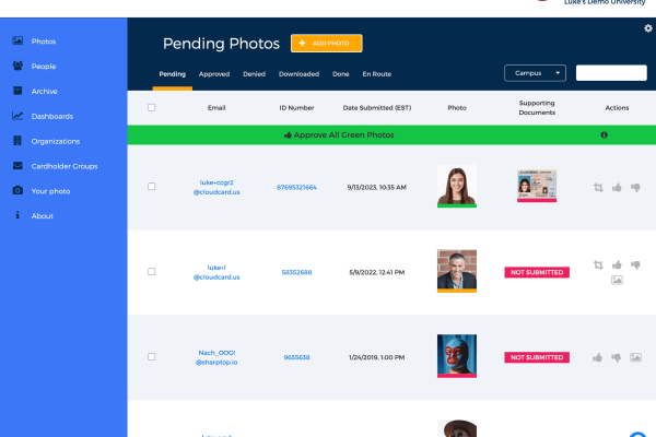 A dashboard screen displays a list of pending photo submissions with user details, submission dates, status, and options to approve or reject photos.