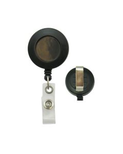 1-1/4" Black Round Plastic Badge Reel, 24" Cord Length with Clear Vinyl Strap & Slide Belt Clip