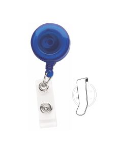 1-1/4" Round Translucent Blue Plastic Badge Reel, Tested to 125K Retractions w/Vinyl Strap and Belt Slide Clip