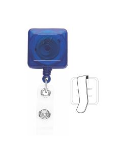 1-1/4" Square Translucent Blue Plastic Badge Reel, Tested to 125K Retractions w/Vinyl Strap and Belt Slide Clip