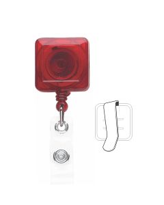 1-1/4" Square Translucent Red Plastic Badge Reel, Tested to 125K Retractions w/Vinyl Strap and Belt Slide Clip