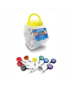 1-1/4" Round "Tub of 100" (Multiple Colors) Plastic Badge Reels w/Clear Vinyl Strap and Belt Slide Clip